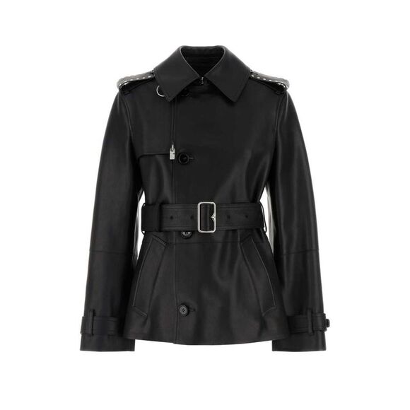 BURBERRY Leather Belted Trench Coat Women BLACK Coats & Jackets